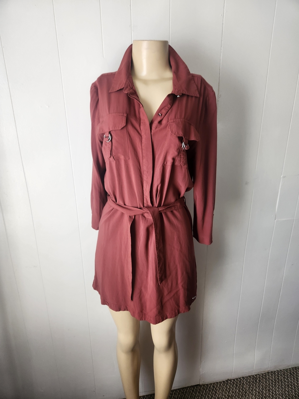 GUESS Rust-Tone Belted Shirt Midi Dress